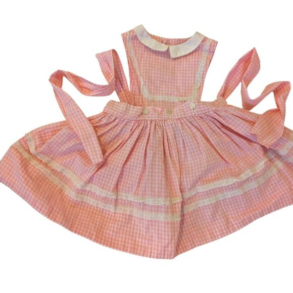 Vintage 50s 60s Pink &‎ White Checkered Lace Apron Dress - Picture 1 of 5